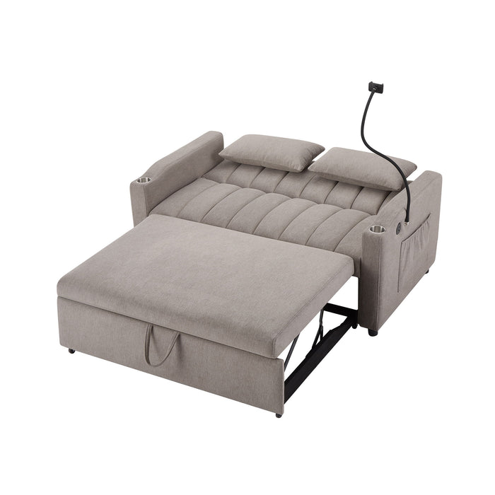 Convertible Sofa Bed Loveseat Sofa With Three USB Ports, Two Side Pockets, Two Cup Holders And 360° swivel Phone Holder For Living Room