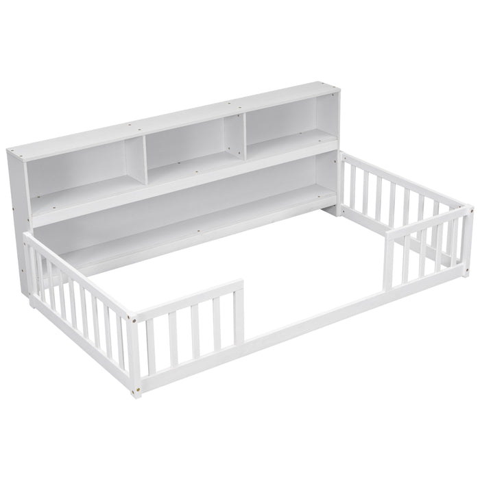 Floor Bed With Bedside Bookcase, Shelves, Guardrails