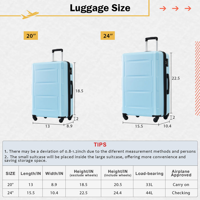 2 Piece Luggage Set With Bags Expanable Spinner Wheels ABS Lightweight Suitcase With Tsa Lock 20" / 24"