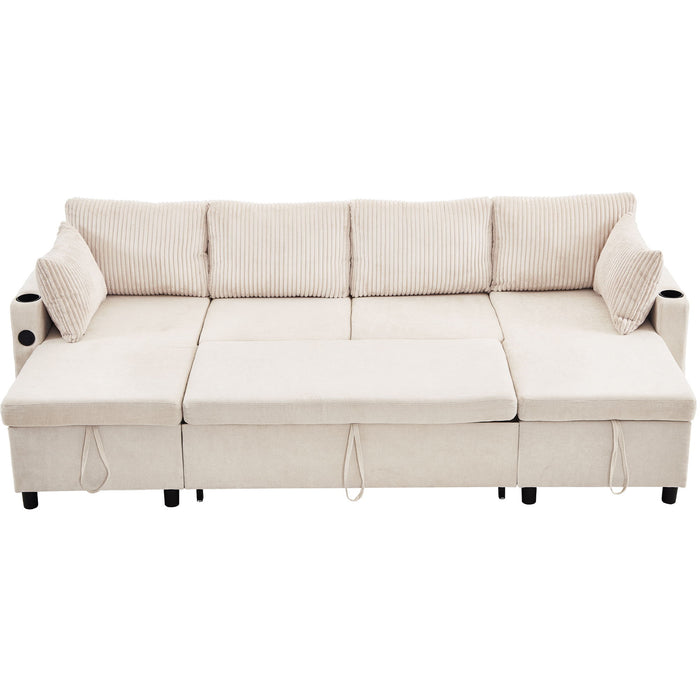 Sectional Sofa Pull Out Sofa Bed Versatile Sofa Sleeper With Large Storage Space, Two USB Ports And Two Cup Holders For Living Room