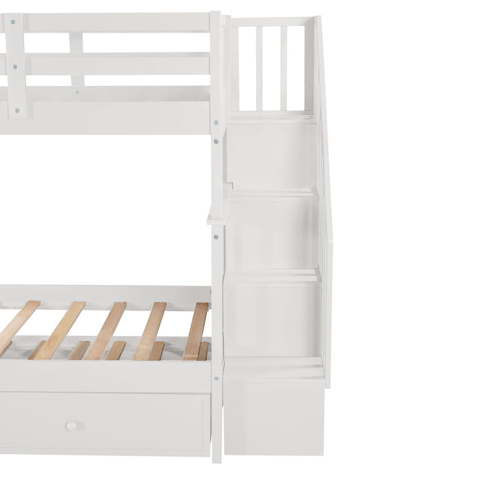 Stairway Twin Over Twin Bunk Bed With Twin Size Trundle For Bedroom, Dorm, Adults - White