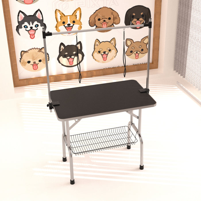 Professional Dog Pet Grooming Table Large Adjustable Heavy Duty Portable With Arm & Noose & Mesh Tray - Black