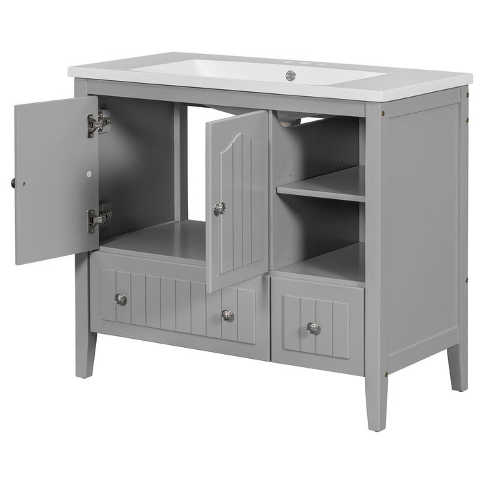 Bathroom Vanity With Ceramic Basin, Bathroom Storage Cabinet With Two Doors And Drawers, Solid Frame, Metal Handles