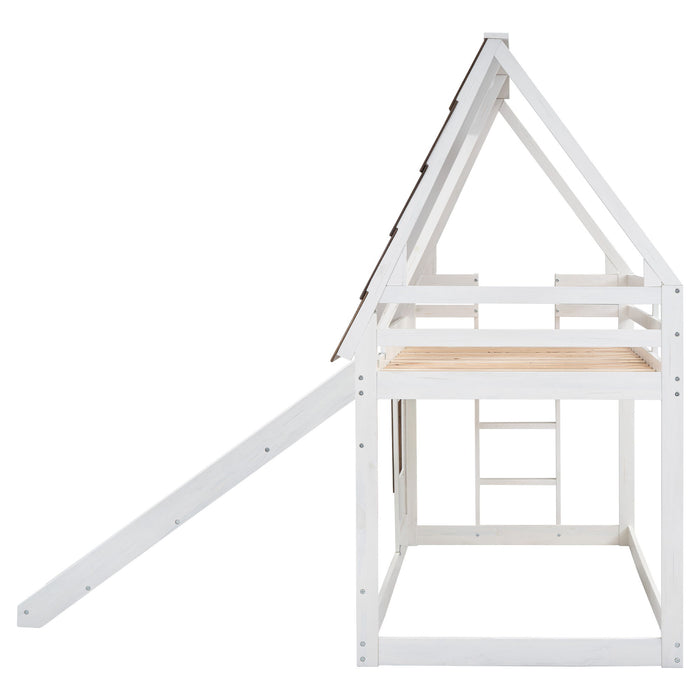 Wood Twin Size House Bunk Bed With Roof, Ladder And Slide - White / Brown