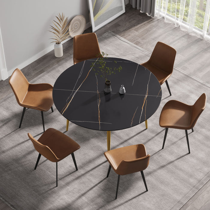 Modern Man-Made Stone Round Metal Dining Table-Position For 6 People - Black