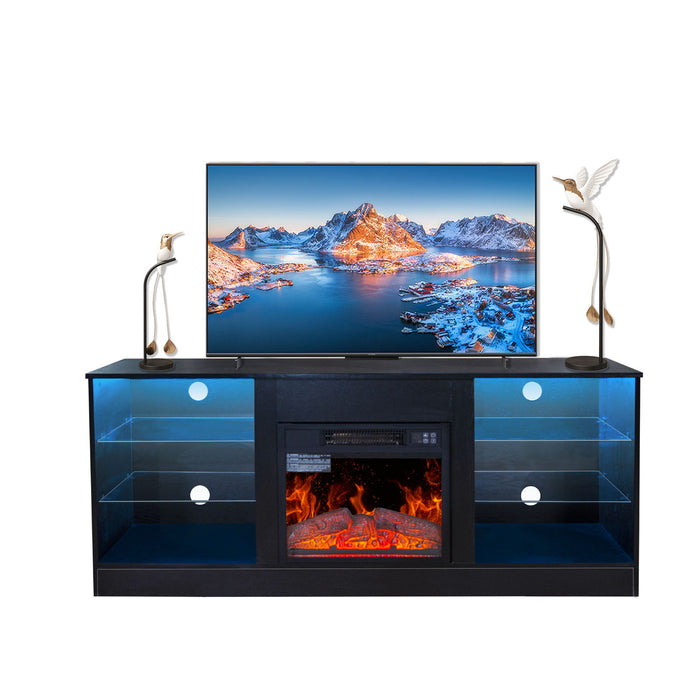 Fireplace TV Stand With 18" Electric Fireplace Heater, Modern Entertainment Center For TVs Up To 62" With Adjustable Glass Shelves And Storage Cabinets