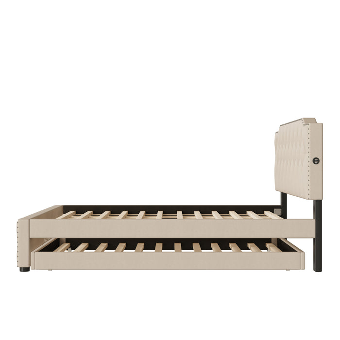 Upholstered Platform Bed With Twin Size Trundle And 2 Sets Of USB Ports On Each Side, Linen Fabric