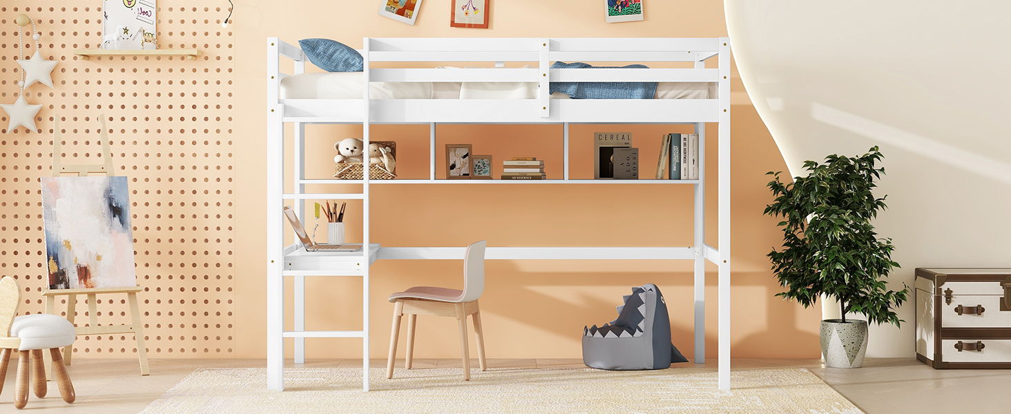 Loft Bed With Desk And Shelves, Safety Guardrail And Ladder