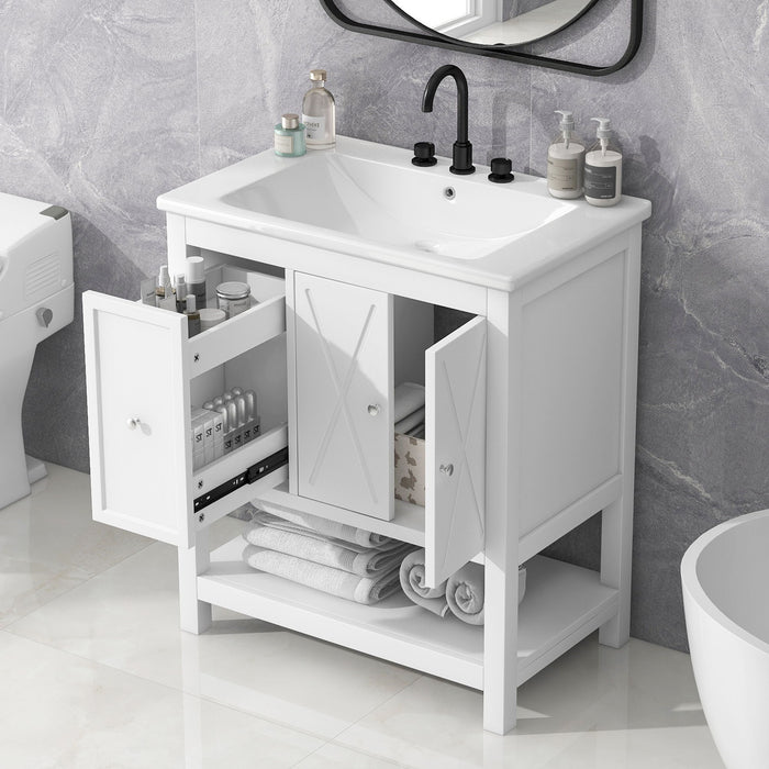 Bathroom Vanity With Sink Top, Bathroom Vanity Cabinet With Two Doors And One Drawer, MDF Boards, Solid Wood, One Package - White