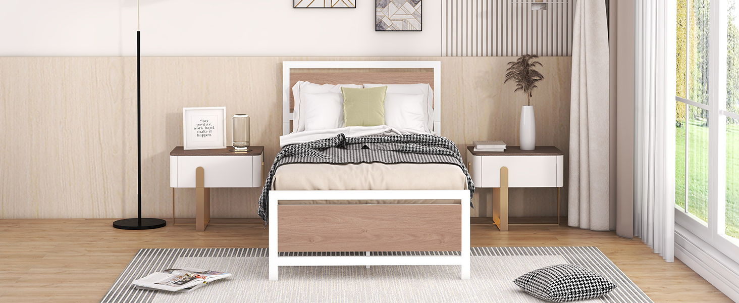 Platform Bed, Metal And Wood Bed Frame With Headboard And Footboard