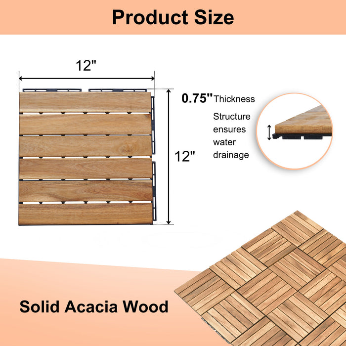 Interlocking Deck Tiles Striped Pattern, Square Acacia Hardwood Outdoor Flooring For Patio, Bancony, Pool Side