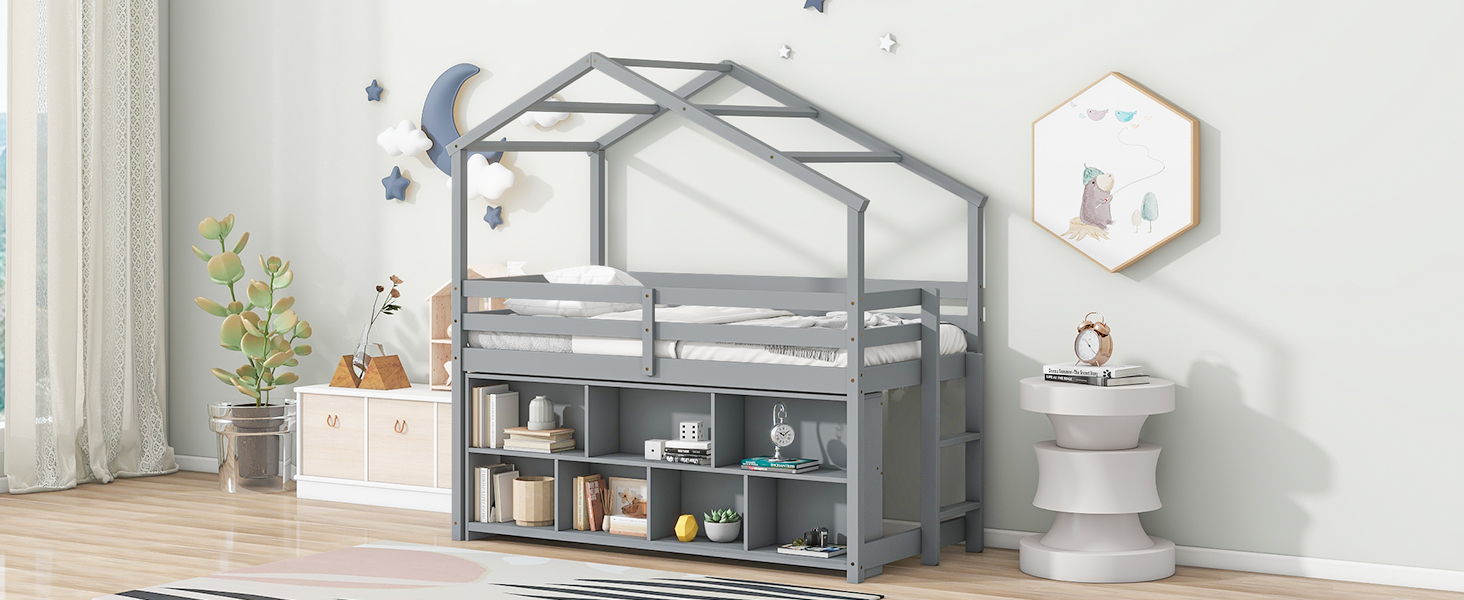 House Loft Bed With Roof Frame, Under Bed Shelving Storage Unit, Guardrails, Ladder