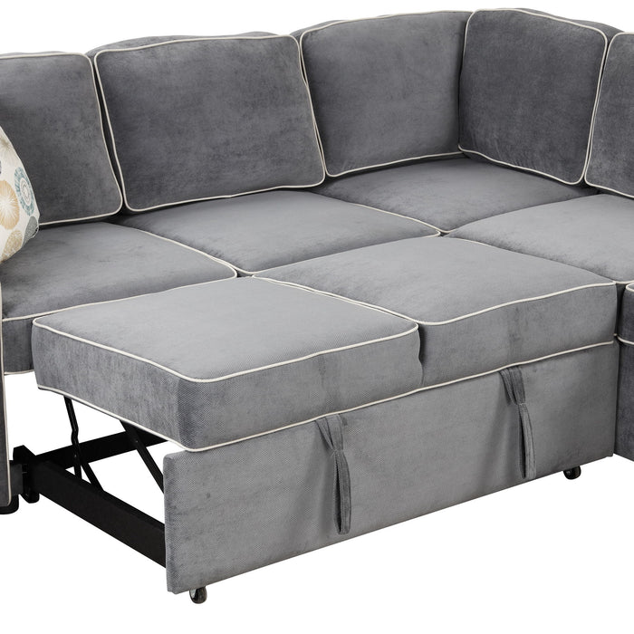 L-Shaped Pull Out Sofa Bed Modern Convertible Sleeper Sofa With 2 USB Ports, 2 Power Sockets And 3 Pillows For Living Room