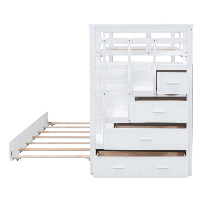 Twin Over Twin Bunk Bed With Trundle And Staircase - White