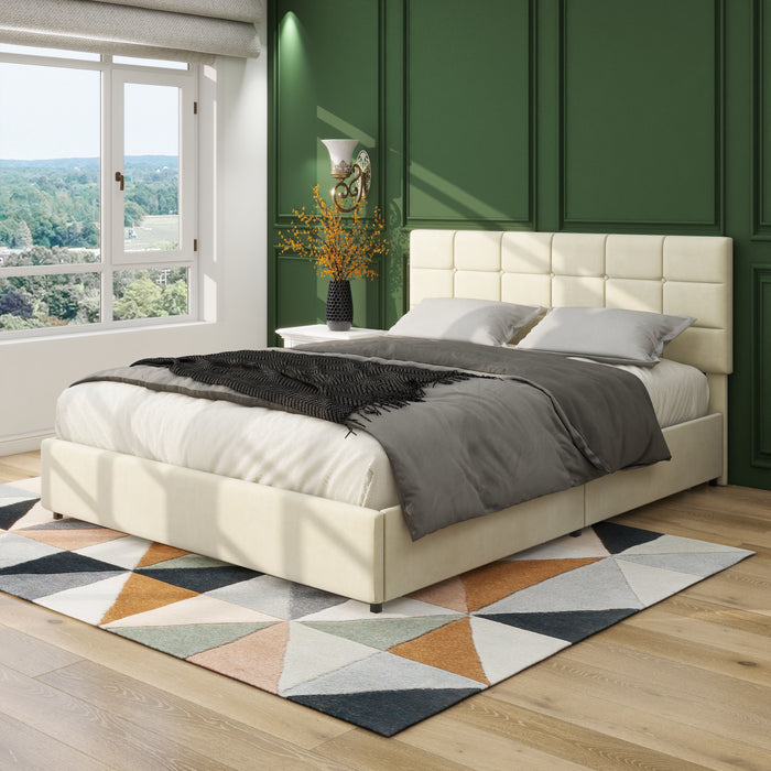 Vera - Upholstered Platform Bed With Patented 4 Drawers Storage, Square Stitched Button Tufted Headboard