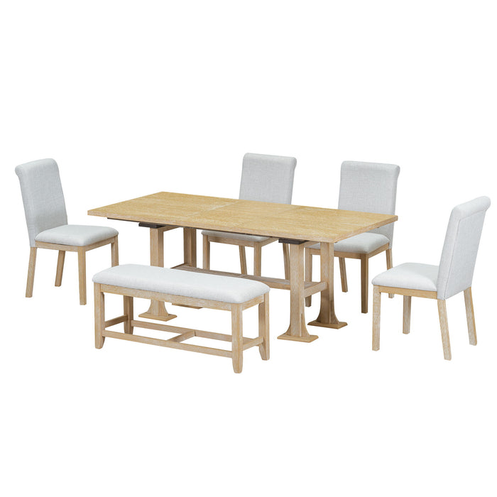 Topmax - 6 Piece Farmhouse Extendable Dining Table Set Trestle Kitchen Table Set With Removable Leaf And Upholstered Dining Chair And Bench For Dining Room