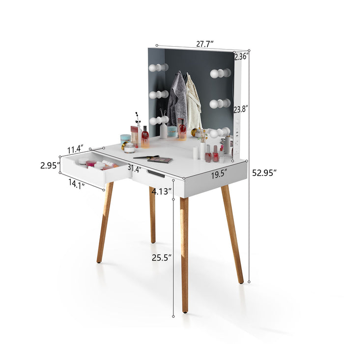 Wooden Vanity Table, Makeup Dressing Desk With LED Light, Dressing Table With USB Port - White