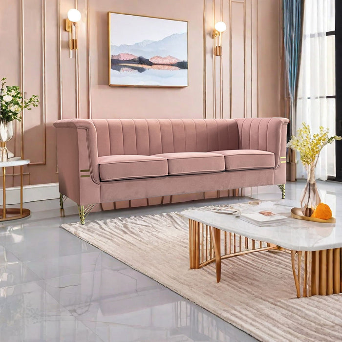 FX-P82-PK(SOFA) Modern Designs Velvet Upholstered Living Room Sofa, 3 Seat Sofa Couch With Golden Metal Legs For Home, Apartment Or Office - Pink