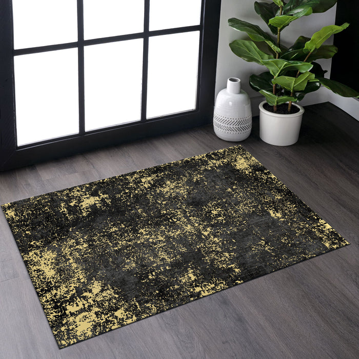 2' x 3' Machine Washable Area Rugs, Low-Pile, Non-Slip, Non-Shedding, Foldable, Kid & Pet Friendly - Black / Gold