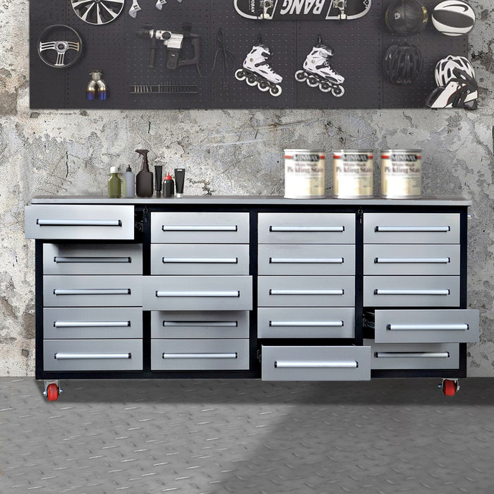 Garage Storage Cabinets With Workbench (20 Drawers) - Silver