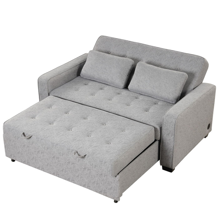 Upholstered Sleeper Bed, Pull Out Sofa Bed Couch Attached Two Throw Pillows, Dual USB Charging Port And Adjustable Backrest For Living Room Space