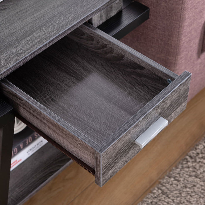 Home End Table With Drawer, Side Table With Storage Shelf - Distressed Grey & Black