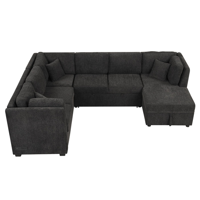 U-Shaped Sectional Sofa Pull Out Sofa Bed With Two USB Ports, Two Power Sockets, Three Back Pillows And A Storage Chaise For Living Room