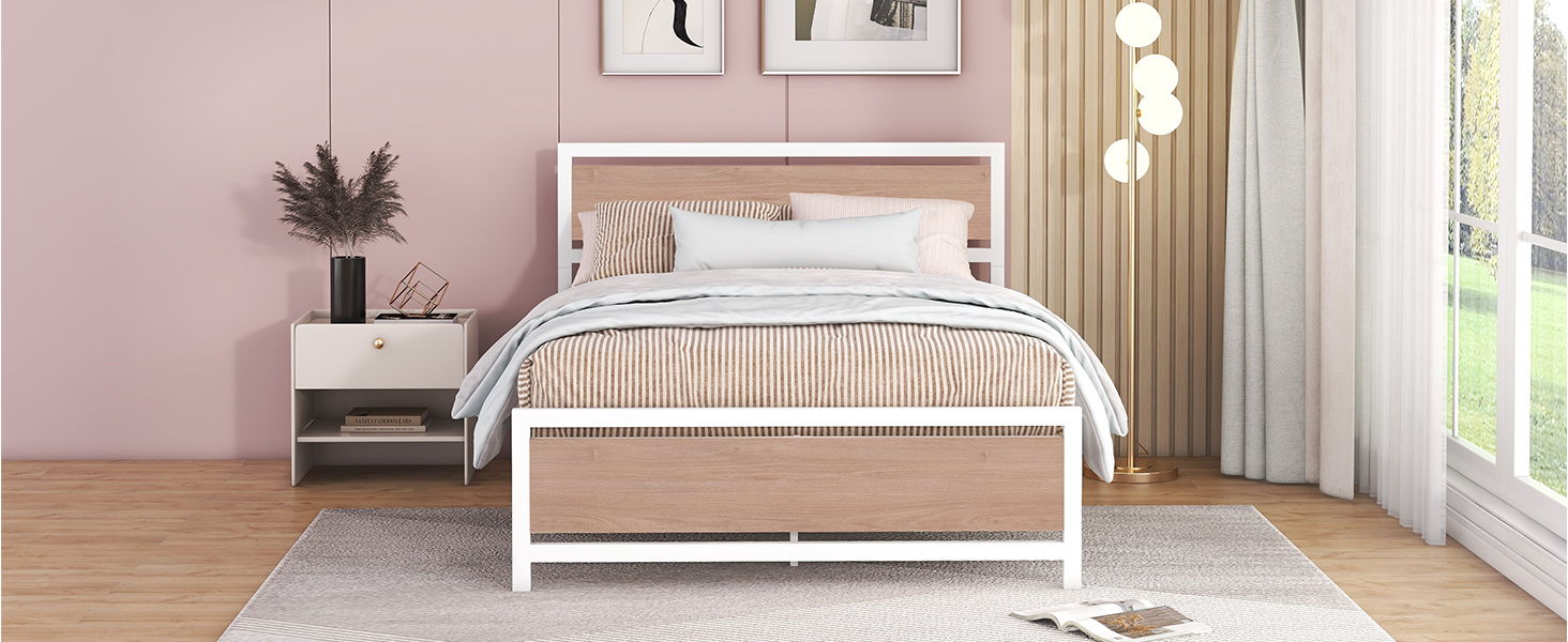 Platform Bed, Metal And Wood Bed Frame With Headboard And Footboard