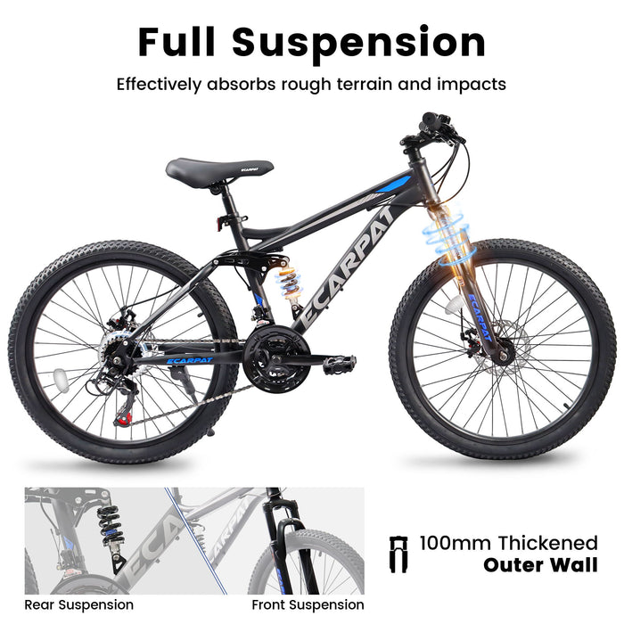 A2660 Mountain Bike 26" Wheels, 21 Speed Full Suspension Mens Womens Trail Commuter City Mountain Bike, Carbon Steel Frame Disc Brakes Thumb Shifter Front Fork Rear Shock Absorber Bicycles