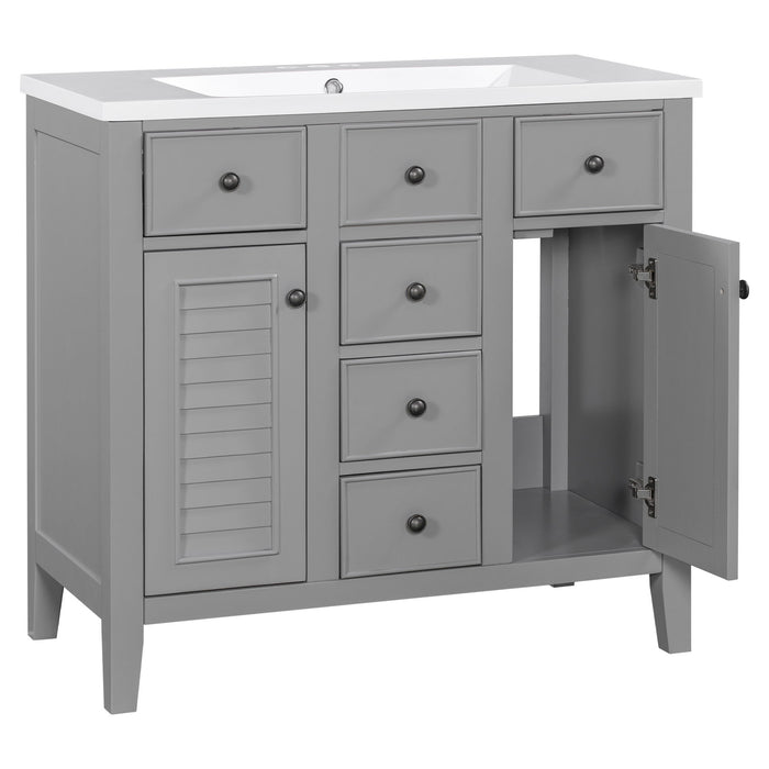 Bathroom Vanity With Ceramic Basin, Two Cabinets And Five Drawers, Solid Wood Frame, Gray