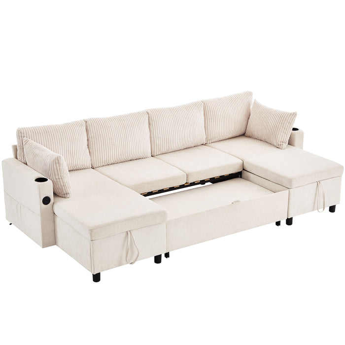 Sectional Sofa Pull Out Sofa Bed Versatile Sofa Sleeper With Large Storage Space, Two USB Ports And Two Cup Holders For Living Room