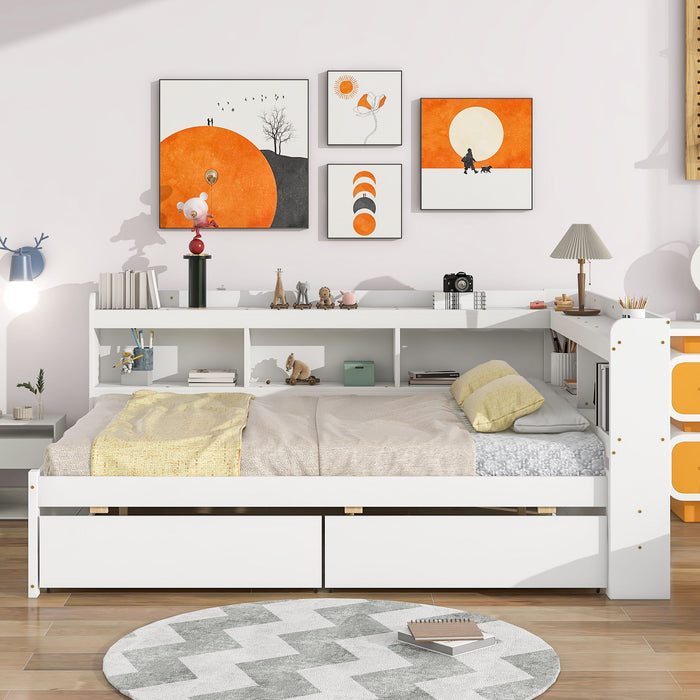 Full Bed With L-Shaped Bookcases, Drawers - White