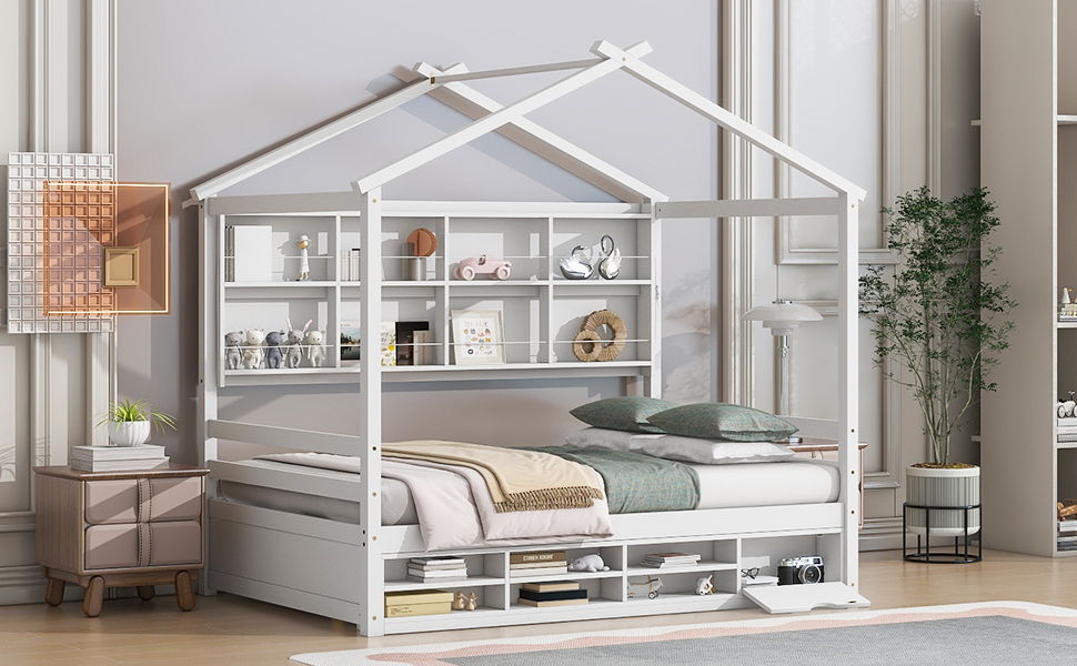 House Bed With Roof Frame, Bedside-Shelves, Under Bed Storage Unit