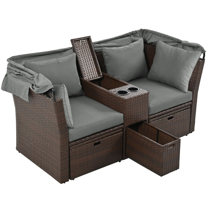 2 Seater Outdoor Patio Daybed Outdoor Double Daybed Outdoor Loveseat Sofa Set With Foldable Awning And Cushions For Garden, Balcony, Poolside