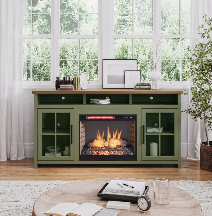 Vineyard - 74" Fireplace TV Stand Console For TVs Up To 85" - Sage Green And Fruitwood