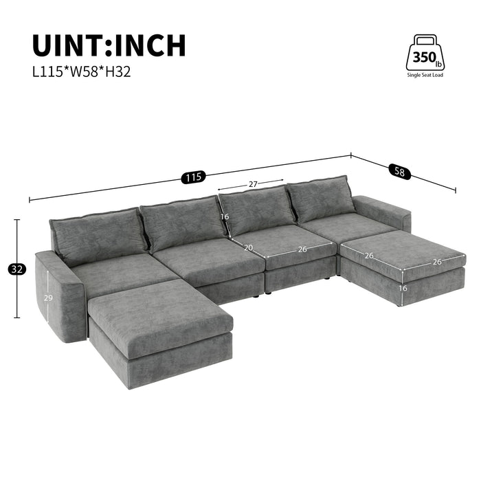 Chenille Modular Sectional Sofa, U Shaped Reversible Couch, Free Combination, 6 Seat Sleeper Sofa Bed With Ottoman, Convertible Oversized Indoor Furniture For Living Room - Gray