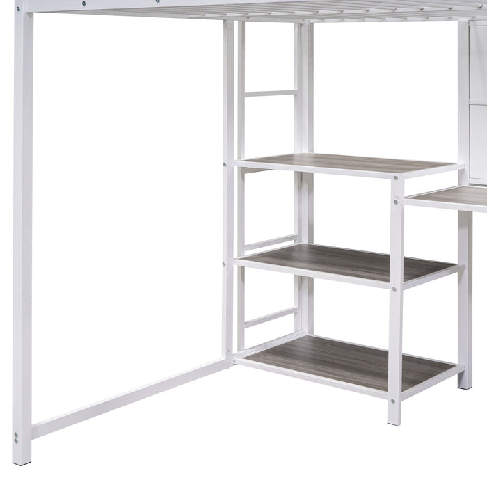 Loft Bed With Desk And Whiteboard, Metal Loft Bed With 3 Shelves And Ladder