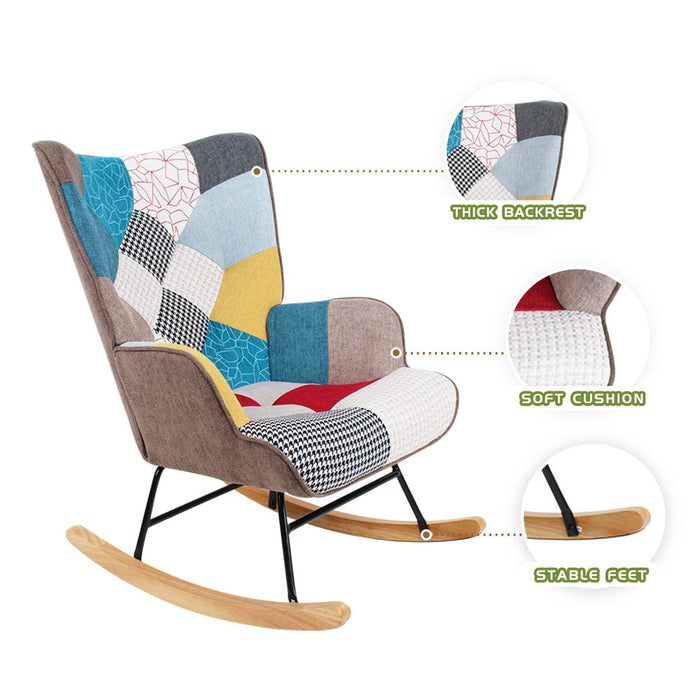 Accent Rocking Chair, Mid-Century Fabric Rocker Chair With Wood Legs And Patchwork Linen For Livingroom Bedroom