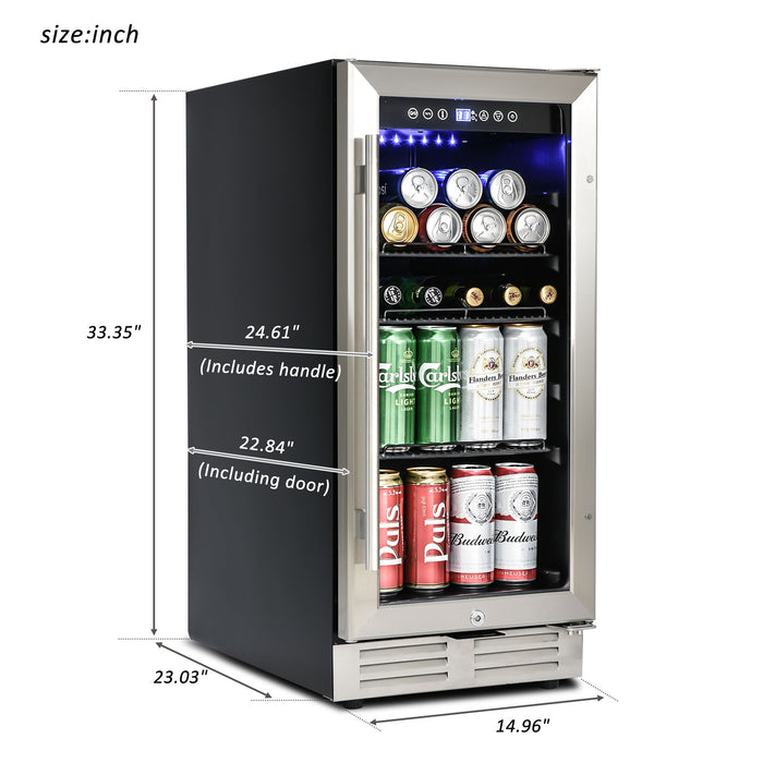 Built-In And Freestanding Mini Beverage Refrigerator / Wine Cabinet, 120 Cans, 37-65°F, Quiet, Adjustable Shelves, LED Lighting, Etl, Touch Controls, Defrost, Double Glass Door - Black / Silver