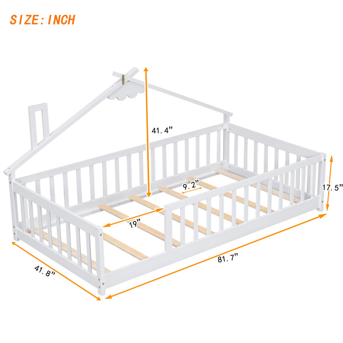 House-Shaped Bedside Floor Bed With Guardrails, Slats, Without Door