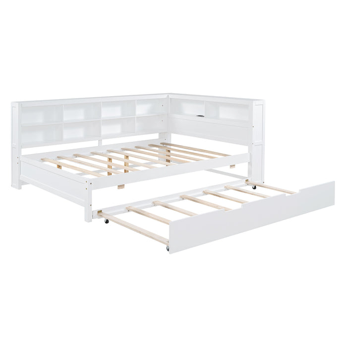 Wooden Full Size Daybed With Twin Size Trundle, Daybed With Storage Shelf And USB Charging Ports - White