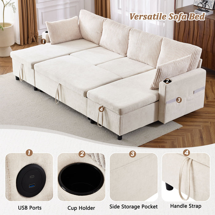 Sectional Sofa Pull Out Sofa Bed Versatile Sofa Sleeper With Large Storage Space, Two USB Ports And Two Cup Holders For Living Room