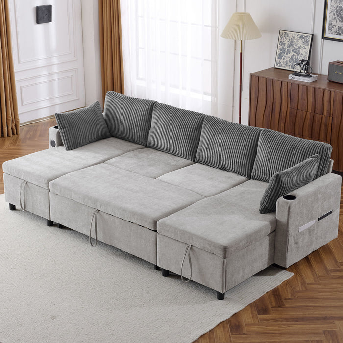 Sectional Sofa Pull Out Sofa Bed Versatile Sofa Sleeper With Large Storage Space, Two USB Ports And Two Cup Holders For Living Room