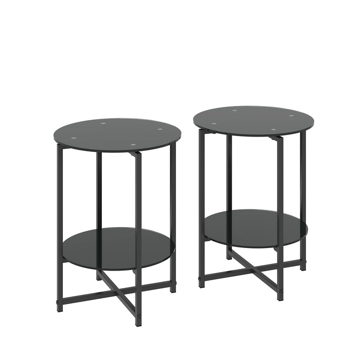 JWS Tempered Glass End Table (Set of 2) , Round Coffee Table For Bedroom Living Room Office - Black