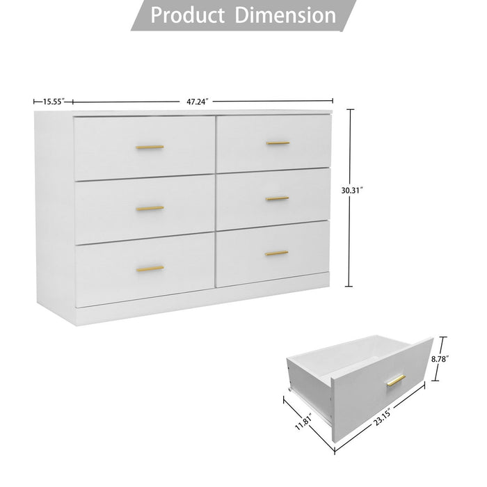 Modern White 6 Drawer Dresser For Bedroom, Ample Storage Wide Chest Of Drawers, Sturdy & Safe