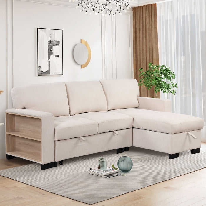 Stylish And Functional Light Chaise Lounge Sectional With Storage Rack Pull-Out Bed Drop Down Table And USB Charger