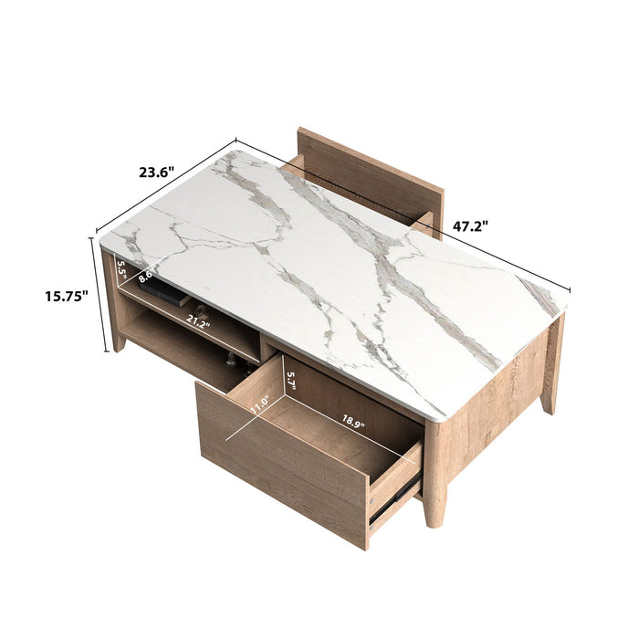 Modern Farmhouse Double Drawer Coffee Table For Living Room Or Office Marble Texture