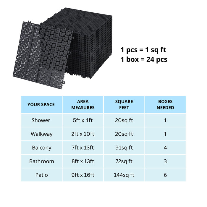 Interlocking Deck Tiles Plastic Waterproof Outdoor All Weather Anti-Slip Bathroom Shower Balcony Porch Strong Weight Capacity Upto 6613 Lbs, Rosette Pattern